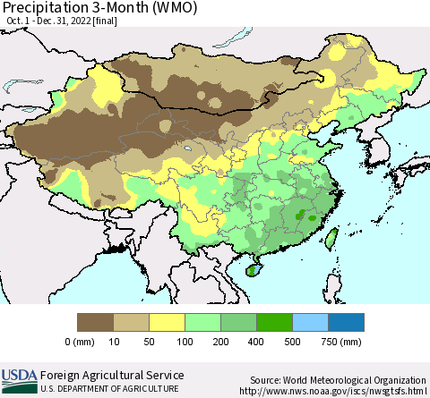 China, Mongolia and Taiwan Precipitation 3-Month (WMO) Thematic Map For 10/1/2022 - 12/31/2022