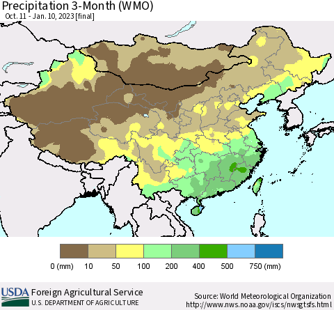 China, Mongolia and Taiwan Precipitation 3-Month (WMO) Thematic Map For 10/11/2022 - 1/10/2023