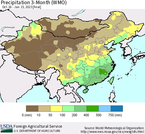 China, Mongolia and Taiwan Precipitation 3-Month (WMO) Thematic Map For 10/16/2022 - 1/15/2023