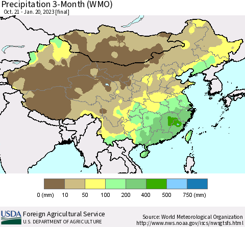 China, Mongolia and Taiwan Precipitation 3-Month (WMO) Thematic Map For 10/21/2022 - 1/20/2023