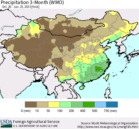 China, Mongolia and Taiwan Precipitation 3-Month (WMO) Thematic Map For 10/26/2022 - 1/25/2023