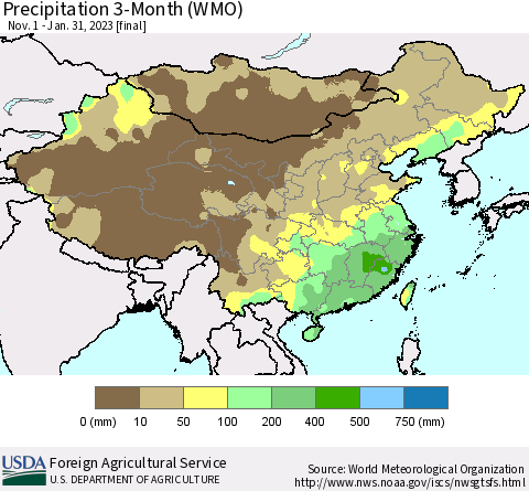 China, Mongolia and Taiwan Precipitation 3-Month (WMO) Thematic Map For 11/1/2022 - 1/31/2023