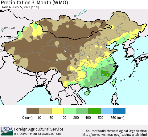 China, Mongolia and Taiwan Precipitation 3-Month (WMO) Thematic Map For 11/6/2022 - 2/5/2023