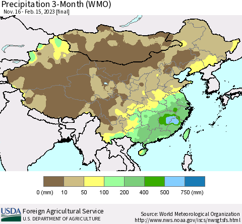 China, Mongolia and Taiwan Precipitation 3-Month (WMO) Thematic Map For 11/16/2022 - 2/15/2023