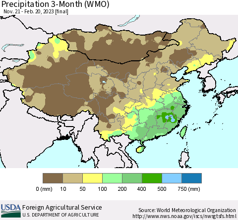 China, Mongolia and Taiwan Precipitation 3-Month (WMO) Thematic Map For 11/21/2022 - 2/20/2023