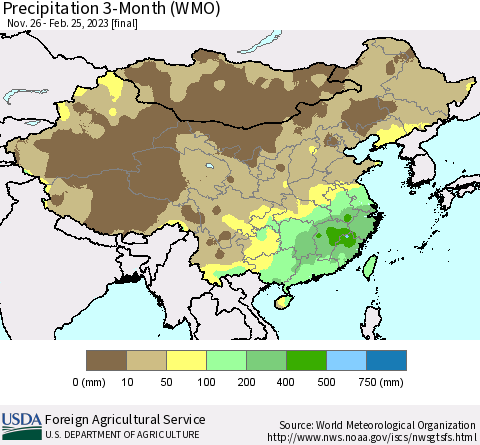 China, Mongolia and Taiwan Precipitation 3-Month (WMO) Thematic Map For 11/26/2022 - 2/25/2023
