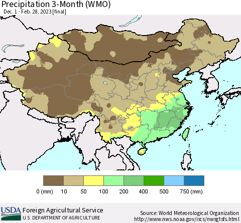 China, Mongolia and Taiwan Precipitation 3-Month (WMO) Thematic Map For 12/1/2022 - 2/28/2023