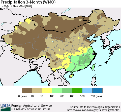 China, Mongolia and Taiwan Precipitation 3-Month (WMO) Thematic Map For 12/6/2022 - 3/5/2023