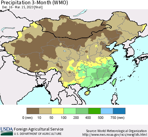 China, Mongolia and Taiwan Precipitation 3-Month (WMO) Thematic Map For 12/16/2022 - 3/15/2023