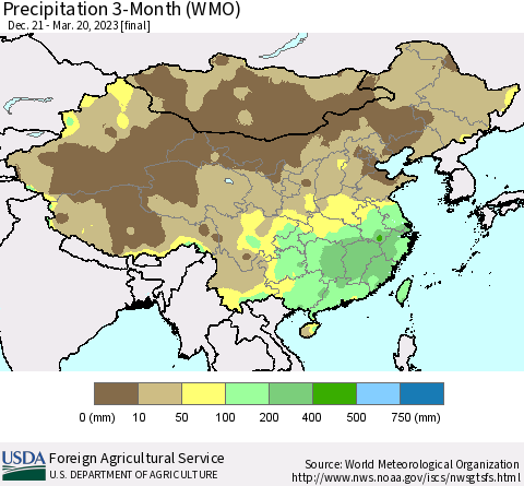 China, Mongolia and Taiwan Precipitation 3-Month (WMO) Thematic Map For 12/21/2022 - 3/20/2023