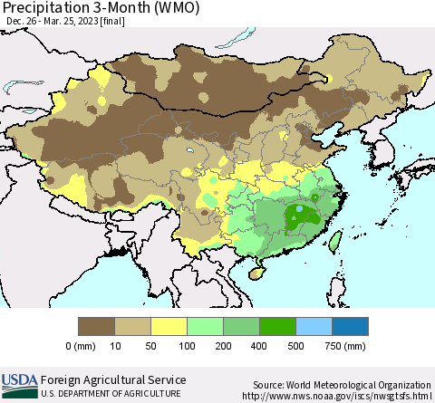 China, Mongolia and Taiwan Precipitation 3-Month (WMO) Thematic Map For 12/26/2022 - 3/25/2023