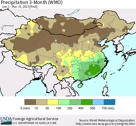 China, Mongolia and Taiwan Precipitation 3-Month (WMO) Thematic Map For 1/1/2023 - 3/31/2023
