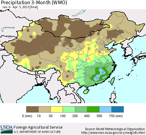 China, Mongolia and Taiwan Precipitation 3-Month (WMO) Thematic Map For 1/6/2023 - 4/5/2023