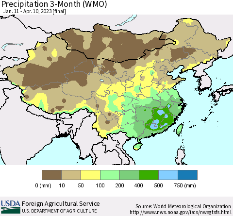 China, Mongolia and Taiwan Precipitation 3-Month (WMO) Thematic Map For 1/11/2023 - 4/10/2023