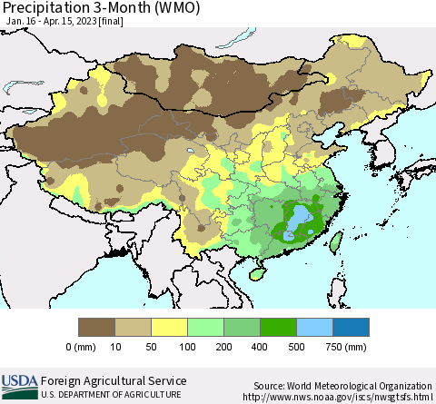 China, Mongolia and Taiwan Precipitation 3-Month (WMO) Thematic Map For 1/16/2023 - 4/15/2023