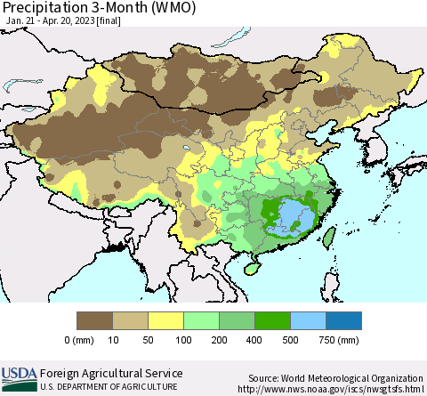 China, Mongolia and Taiwan Precipitation 3-Month (WMO) Thematic Map For 1/21/2023 - 4/20/2023