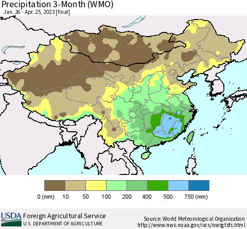 China, Mongolia and Taiwan Precipitation 3-Month (WMO) Thematic Map For 1/26/2023 - 4/25/2023