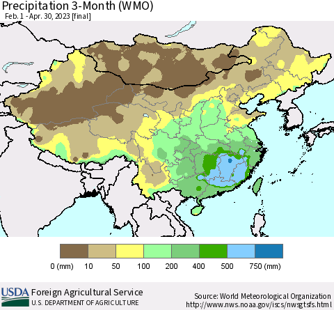 China, Mongolia and Taiwan Precipitation 3-Month (WMO) Thematic Map For 2/1/2023 - 4/30/2023
