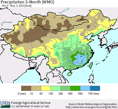 China, Mongolia and Taiwan Precipitation 3-Month (WMO) Thematic Map For 2/6/2023 - 5/5/2023