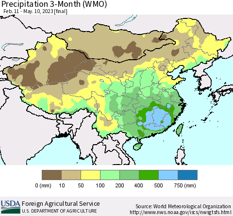 China, Mongolia and Taiwan Precipitation 3-Month (WMO) Thematic Map For 2/11/2023 - 5/10/2023