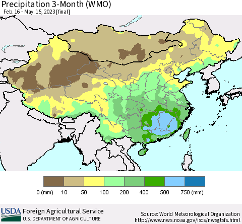 China, Mongolia and Taiwan Precipitation 3-Month (WMO) Thematic Map For 2/16/2023 - 5/15/2023