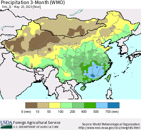 China, Mongolia and Taiwan Precipitation 3-Month (WMO) Thematic Map For 2/21/2023 - 5/20/2023