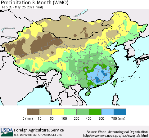 China, Mongolia and Taiwan Precipitation 3-Month (WMO) Thematic Map For 2/26/2023 - 5/25/2023