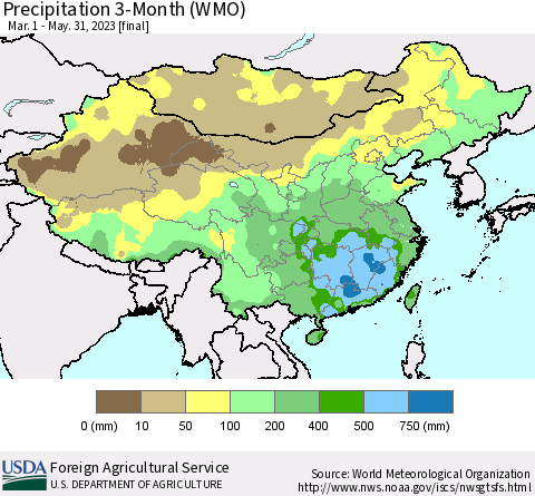 China, Mongolia and Taiwan Precipitation 3-Month (WMO) Thematic Map For 3/1/2023 - 5/31/2023