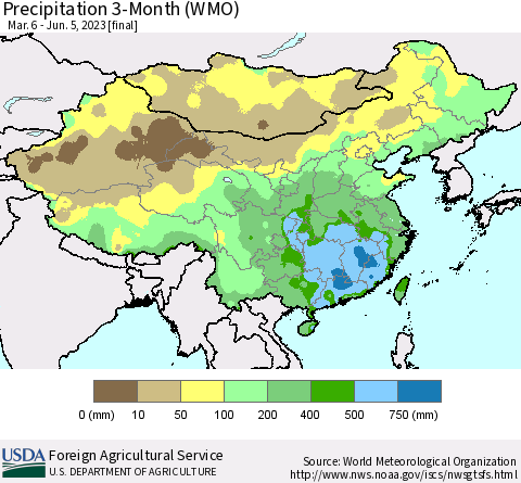 China, Mongolia and Taiwan Precipitation 3-Month (WMO) Thematic Map For 3/6/2023 - 6/5/2023