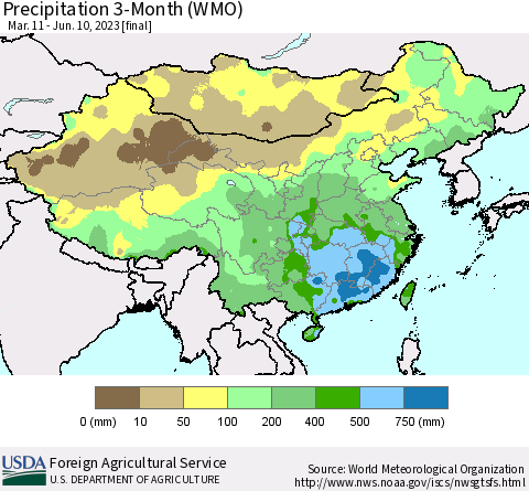 China, Mongolia and Taiwan Precipitation 3-Month (WMO) Thematic Map For 3/11/2023 - 6/10/2023