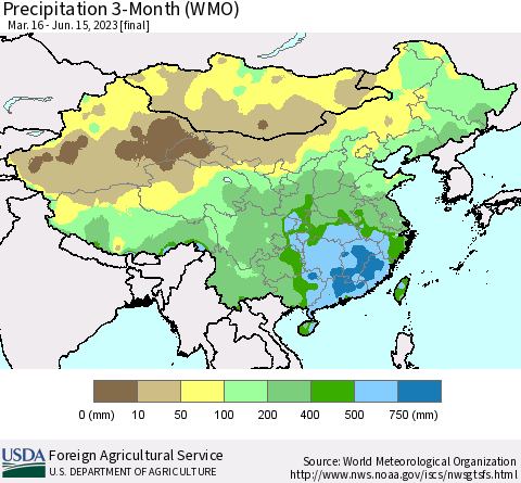 China, Mongolia and Taiwan Precipitation 3-Month (WMO) Thematic Map For 3/16/2023 - 6/15/2023