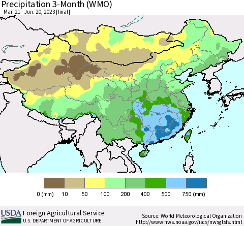 China, Mongolia and Taiwan Precipitation 3-Month (WMO) Thematic Map For 3/21/2023 - 6/20/2023