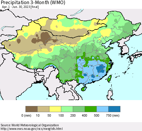 China, Mongolia and Taiwan Precipitation 3-Month (WMO) Thematic Map For 4/1/2023 - 6/30/2023