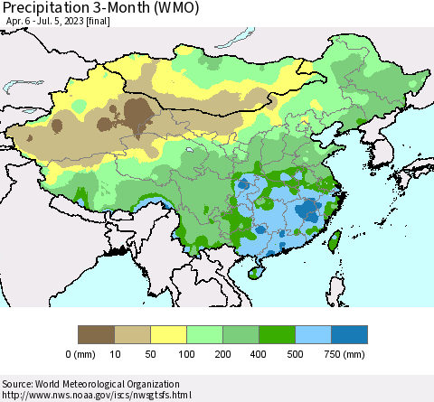 China, Mongolia and Taiwan Precipitation 3-Month (WMO) Thematic Map For 4/6/2023 - 7/5/2023