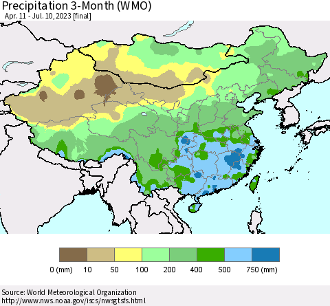 China, Mongolia and Taiwan Precipitation 3-Month (WMO) Thematic Map For 4/11/2023 - 7/10/2023