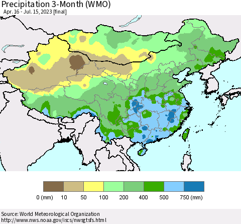 China, Mongolia and Taiwan Precipitation 3-Month (WMO) Thematic Map For 4/16/2023 - 7/15/2023