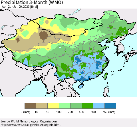 China, Mongolia and Taiwan Precipitation 3-Month (WMO) Thematic Map For 4/21/2023 - 7/20/2023