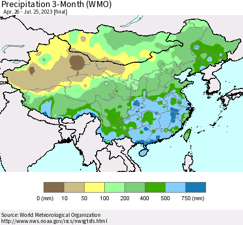 China, Mongolia and Taiwan Precipitation 3-Month (WMO) Thematic Map For 4/26/2023 - 7/25/2023