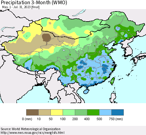 China, Mongolia and Taiwan Precipitation 3-Month (WMO) Thematic Map For 5/1/2023 - 7/31/2023