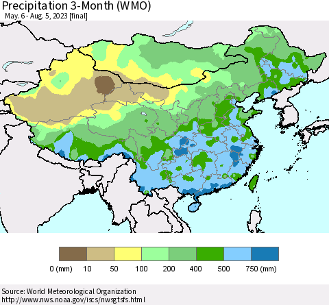 China, Mongolia and Taiwan Precipitation 3-Month (WMO) Thematic Map For 5/6/2023 - 8/5/2023