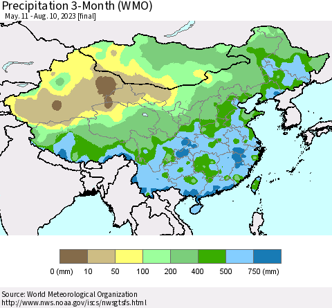 China, Mongolia and Taiwan Precipitation 3-Month (WMO) Thematic Map For 5/11/2023 - 8/10/2023
