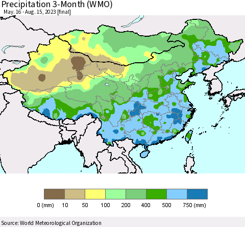 China, Mongolia and Taiwan Precipitation 3-Month (WMO) Thematic Map For 5/16/2023 - 8/15/2023