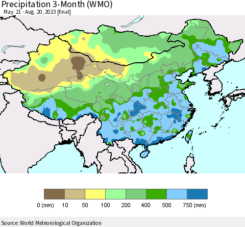 China, Mongolia and Taiwan Precipitation 3-Month (WMO) Thematic Map For 5/21/2023 - 8/20/2023