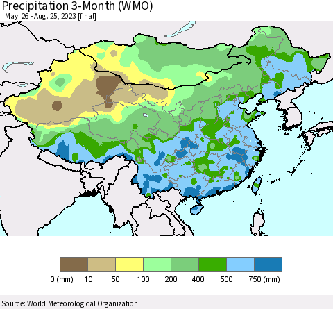 China, Mongolia and Taiwan Precipitation 3-Month (WMO) Thematic Map For 5/26/2023 - 8/25/2023