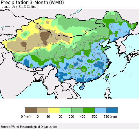 China, Mongolia and Taiwan Precipitation 3-Month (WMO) Thematic Map For 6/1/2023 - 8/31/2023