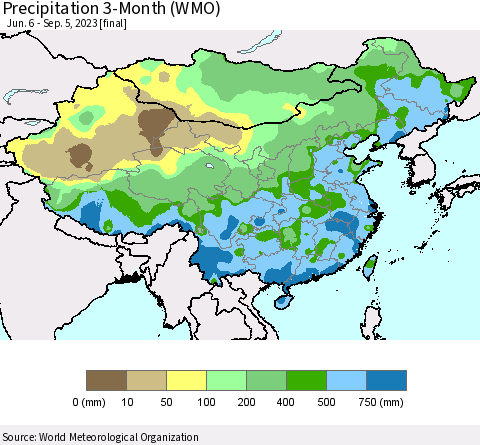 China, Mongolia and Taiwan Precipitation 3-Month (WMO) Thematic Map For 6/6/2023 - 9/5/2023