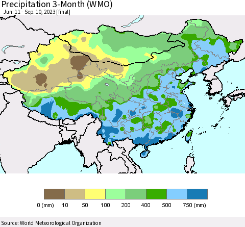 China, Mongolia and Taiwan Precipitation 3-Month (WMO) Thematic Map For 6/11/2023 - 9/10/2023