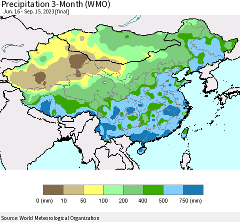 China, Mongolia and Taiwan Precipitation 3-Month (WMO) Thematic Map For 6/16/2023 - 9/15/2023