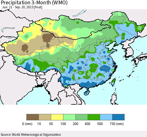 China, Mongolia and Taiwan Precipitation 3-Month (WMO) Thematic Map For 6/21/2023 - 9/20/2023