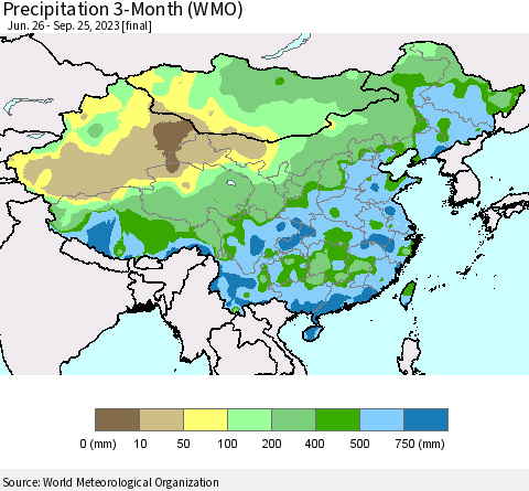 China, Mongolia and Taiwan Precipitation 3-Month (WMO) Thematic Map For 6/26/2023 - 9/25/2023